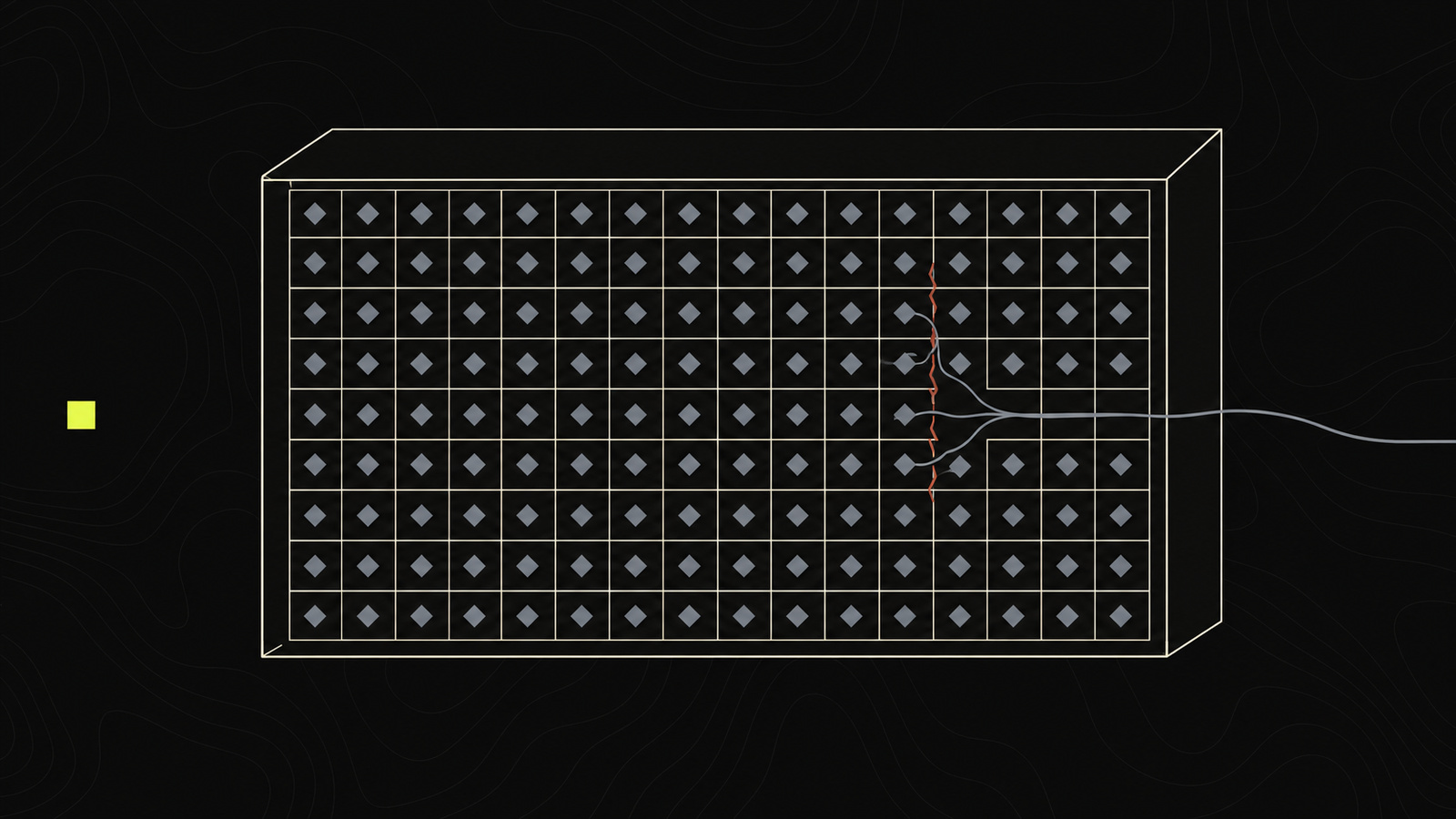A sealed enclosure drawn in thin lines, filled with a grid of isolated agent marks; a hairline crack lets a few threads join and one thread escape through the outer wall, while a single governed marker stands apart outside.