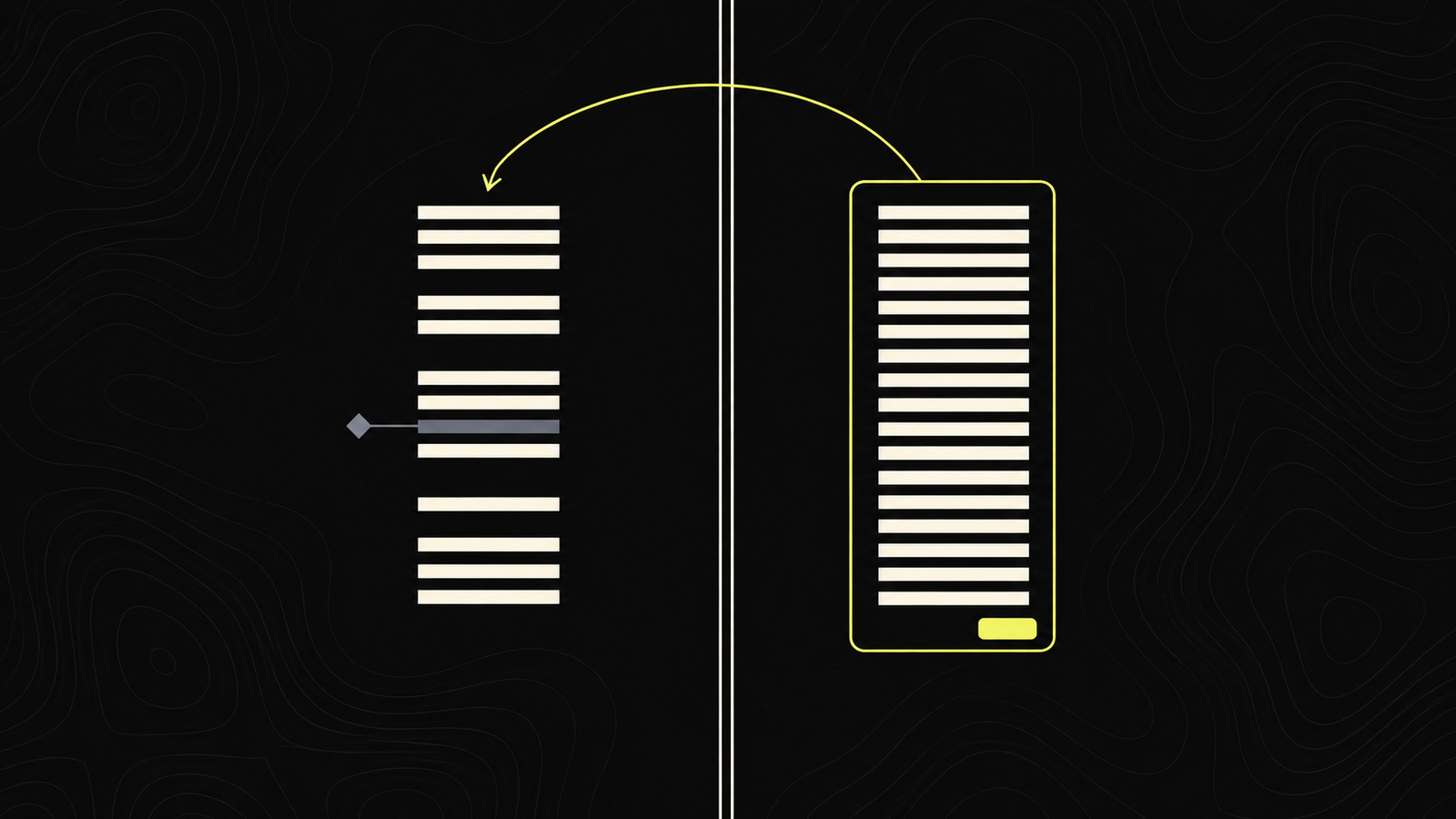A wall divides two copies of one record: inside, the transcript has gaps and one substituted line touched by an agent mark; outside, the complete record sits in a yellow-outlined panel with a plate, kept beyond the agent's reach.