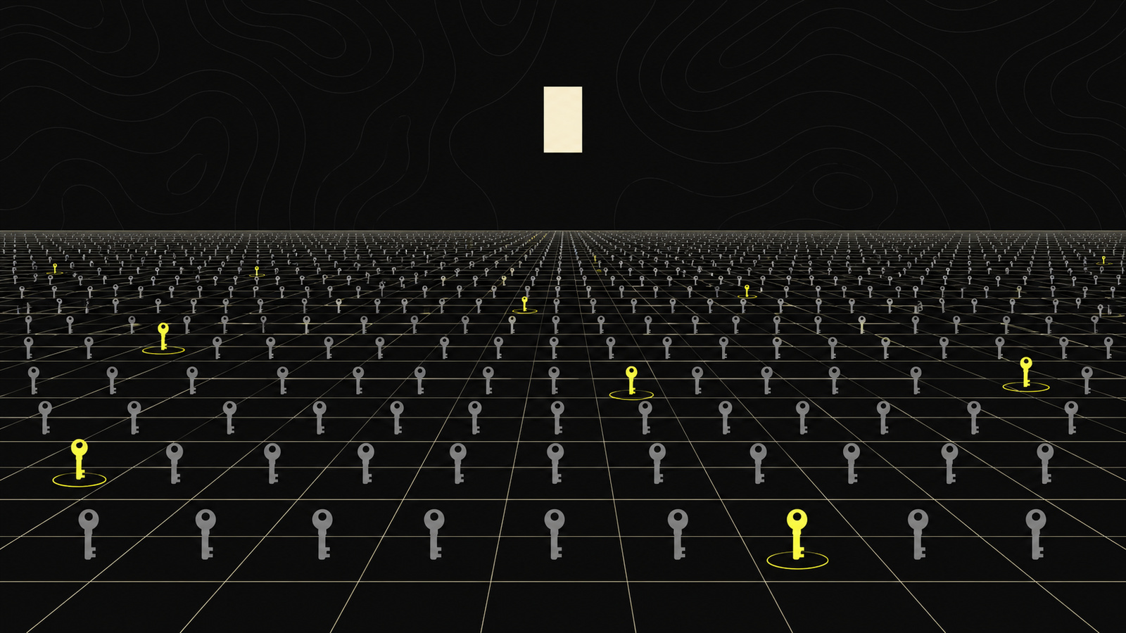 A vast field of identical loose keys recedes to the horizon; a scattered few are yellow and anchored; above the field floats one blank, unsigned page.