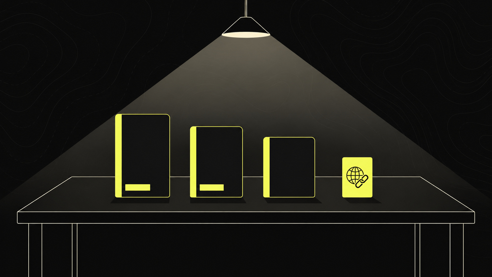 Under one light, four objects sit on a bare table: three dark yellow-edged document panels, two of them bearing a small yellow plate, and a standing yellow card marked with a globe-and-link glyph.