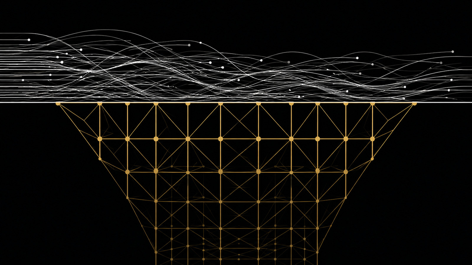 Dozens of thin white streams flow above a horizontal line; beneath it a dense gold lattice of beams and nodes descends into the dark. The visible speed above is interchangeable; the structure underneath is what holds it up.