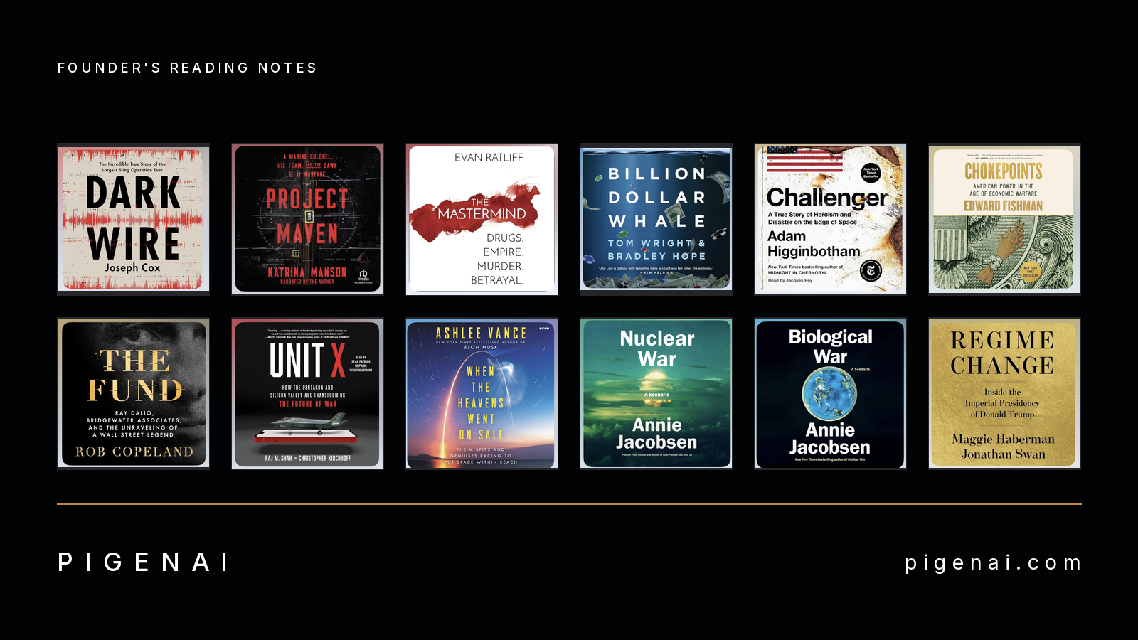Twelve book covers in two rows on a dark field under the label Founder's Reading Notes: Dark Wire, Project Maven, The Mastermind, Billion Dollar Whale, Challenger, Chokepoints, The Fund, Unit X, When the Heavens Went on Sale, Nuclear War: A Scenario, Biological War: A Scenario, and Regime Change.